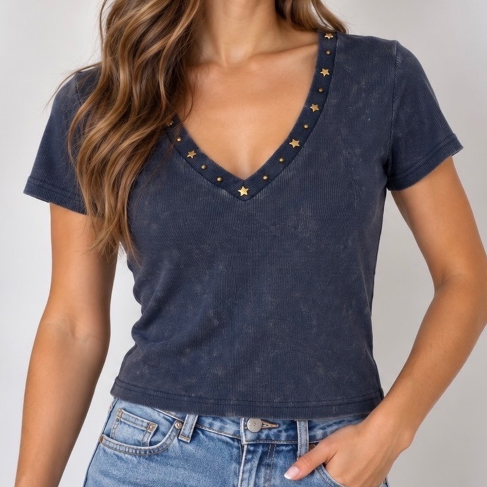 Navy Star Studded Baby Tee M Y2K Grunge Celestial Fitted V Neck Top Americana
